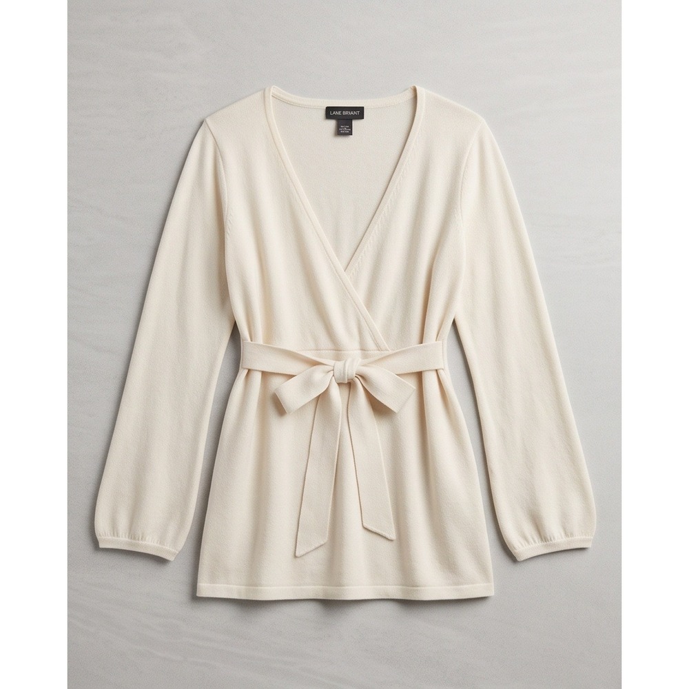 Lane Bryant 14/16 Cream Faux Wrap Tie Waist Sweater Top Cozy Canincore Elegant